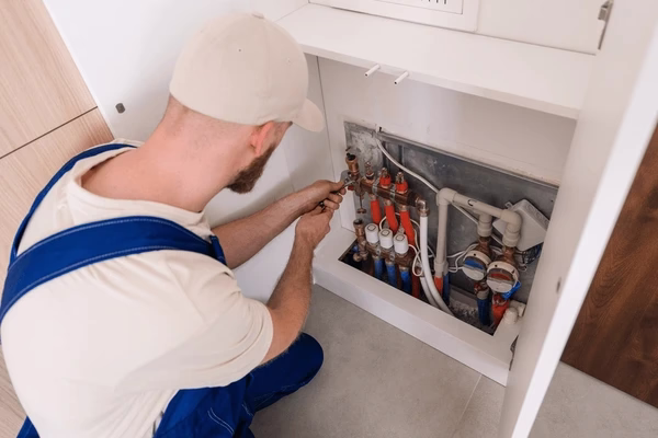 Técnico a realizar uma inspeção a uma bomba de calor no exterior de uma habitação